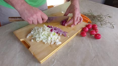 slicing red onions with ryukiri knife