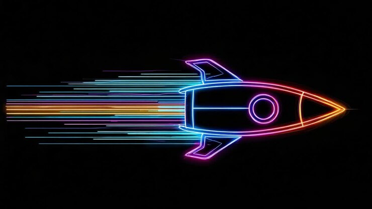 Glowing rocket launching into space with a vibrant light trail representing speed, innovation, and futuristic technology. The colorful neon spaceship flies against a dark background