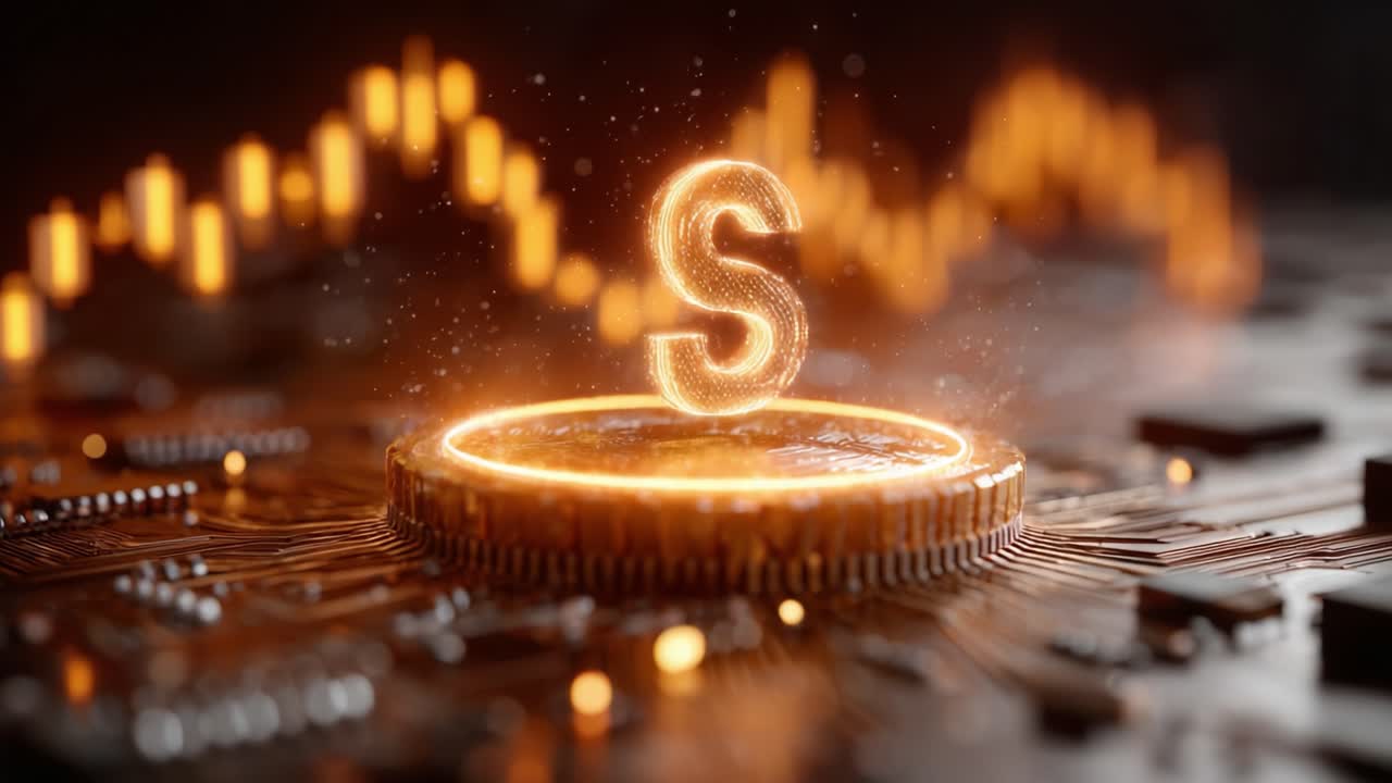 A Glowing Symbol on a Microchip Background Intertwines Financial Technology and Digital Innovation, Highlighting the Evolution of Currency and Value in the Modern Age
