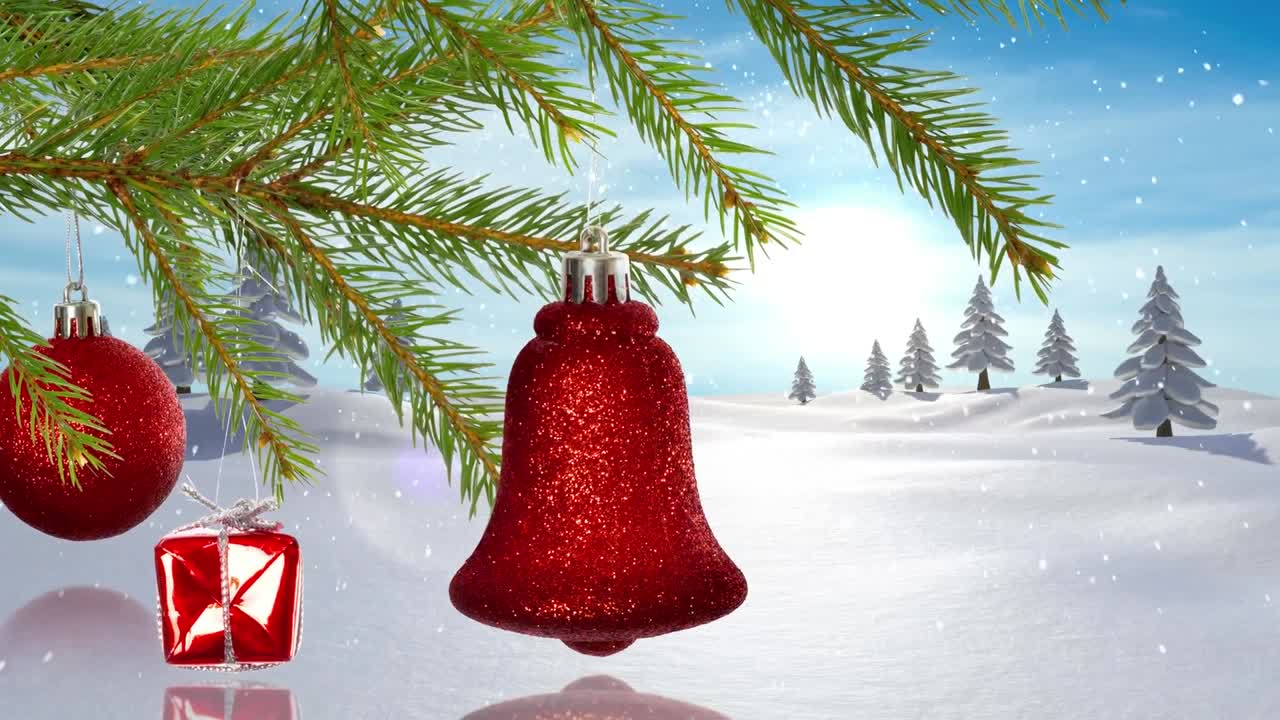 animación de ramas, adornos, campana y nieve cayendo sobre el paisaje de invierno