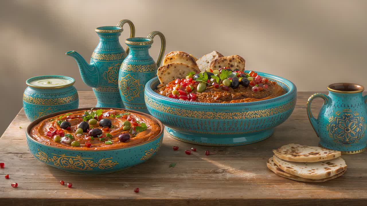 Panning camera and shifting light revealing large turquoise bowl on wooden table, showing texture