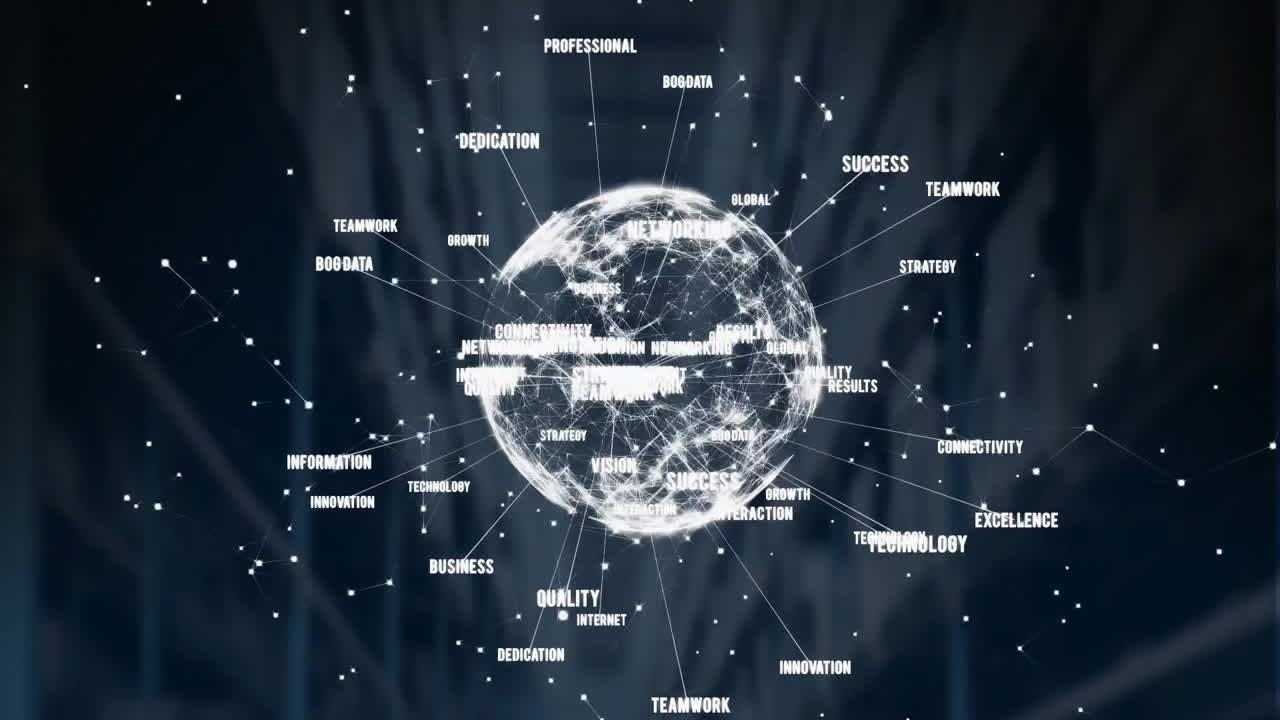 기하학적 모양의 애니메이션, 전 세계에 대한 텍스트 및 검은 바탕에 렌즈 플레어