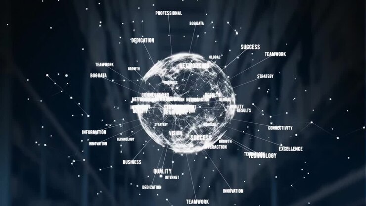 Animation of geometric shapes, texts around globe and lens flares over black background