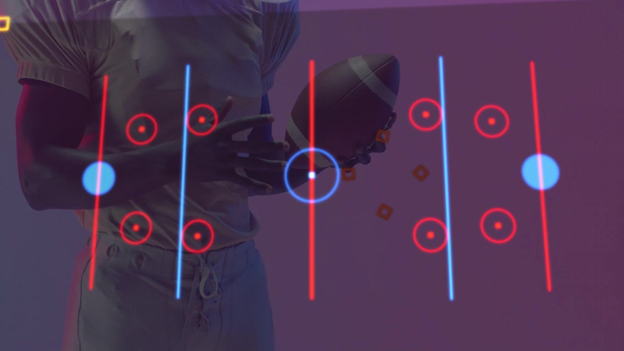 Male athlete holding football, shifting grip, rotating, starting sports HUD showing pass route