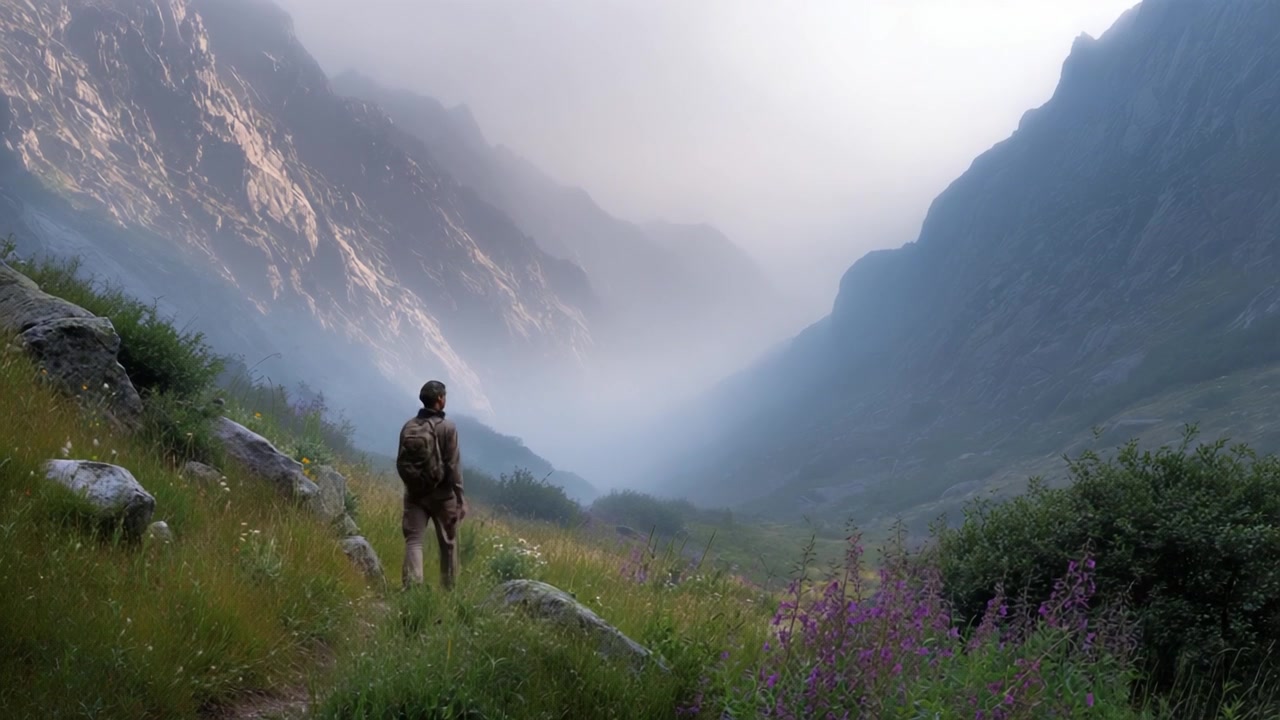 A solitary figure walking through a misty valley, surrounded by towering mountains and vibrant wildflowers, evoking a sense of adventure and exploration in nature.