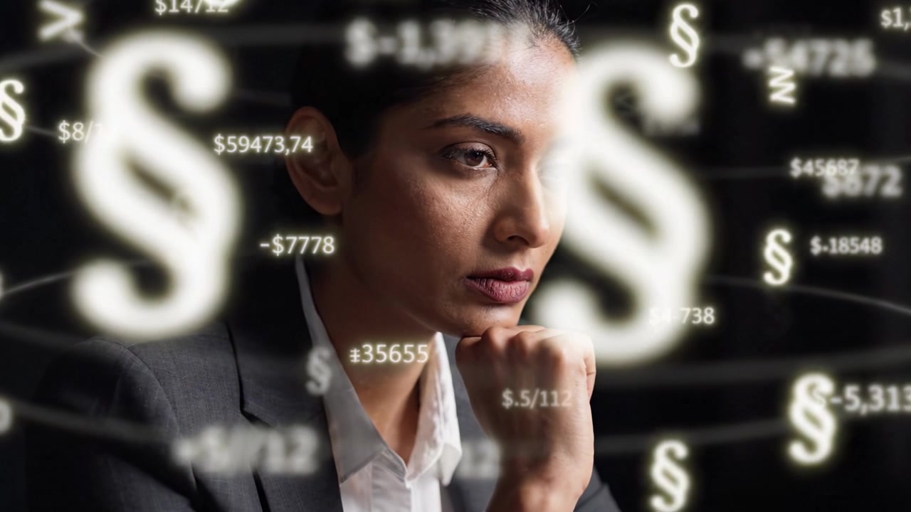 Contemplando Soluzioni: La Riflessione di una Donna d'Affari tra Dati Finanziari e Variabili Economiche in una Rappresentazione Visiva Digitalmente Migliorata.