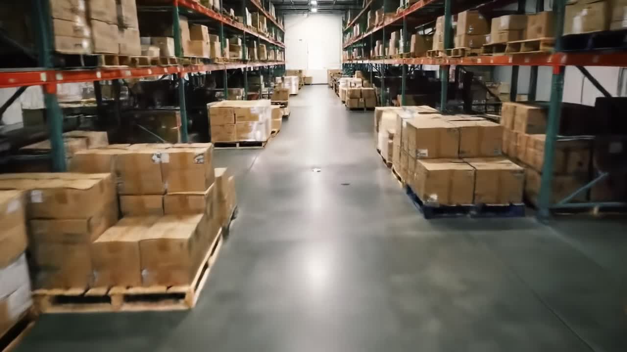 Exploring the Organized Efficiency of a Warehouse: A Journey Through Aisles of Stocked Goods and Merchandise Ready for Distribution
