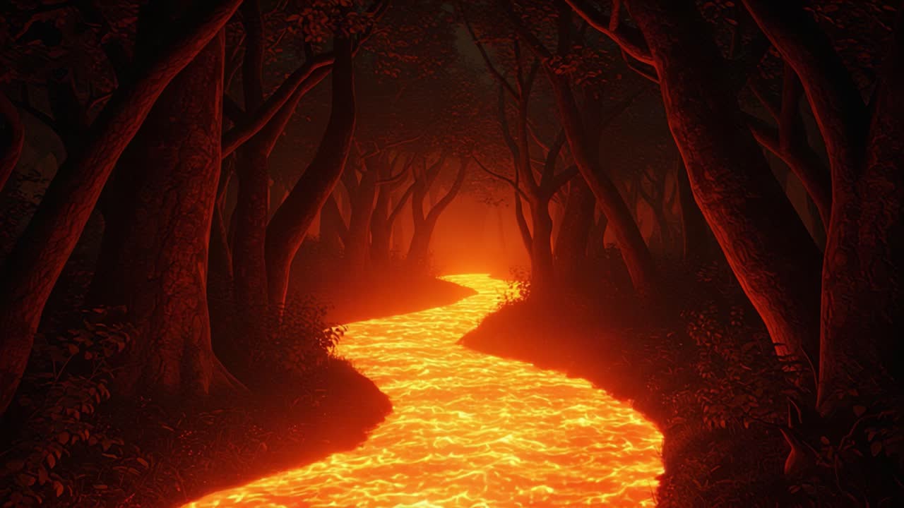 A Fiery River of Lava Flowing Through an Enchanted Forest, Illuminating the Dark, Twisted Trees with a Blazing Orange Glow and a Mysterious Atmosphere
