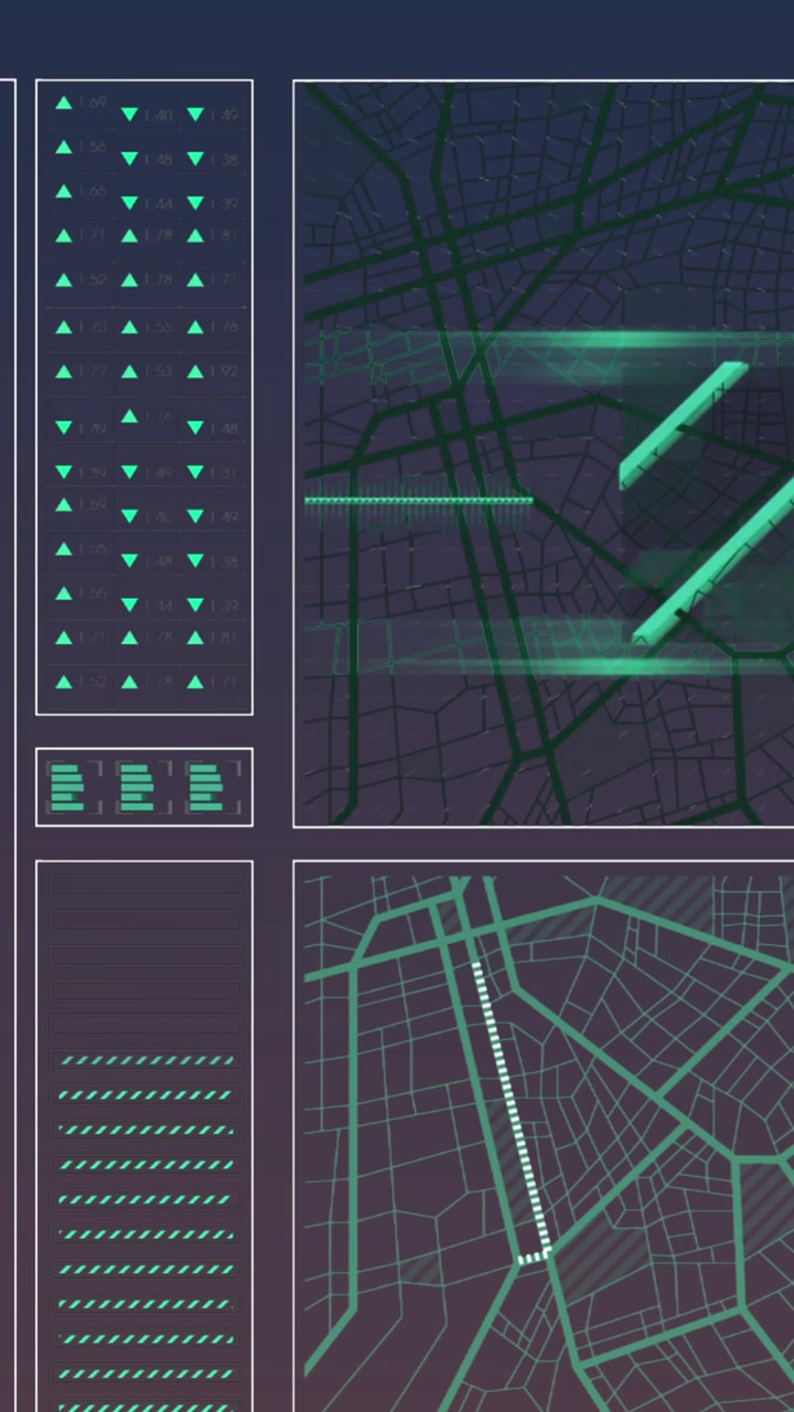 Animazione di mappe ed elaborazione dati informatici su sfondo scuro.