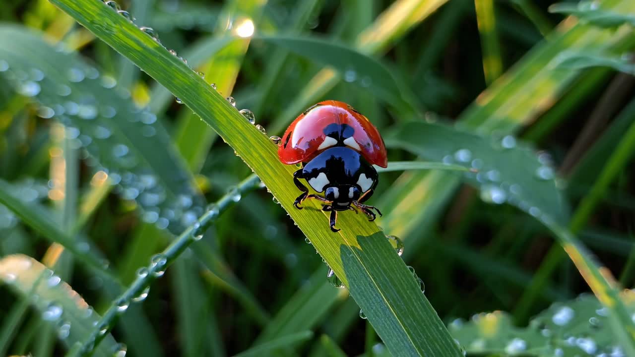 Close-up of a ladybug on a dewy grass blade, captured from a low angle