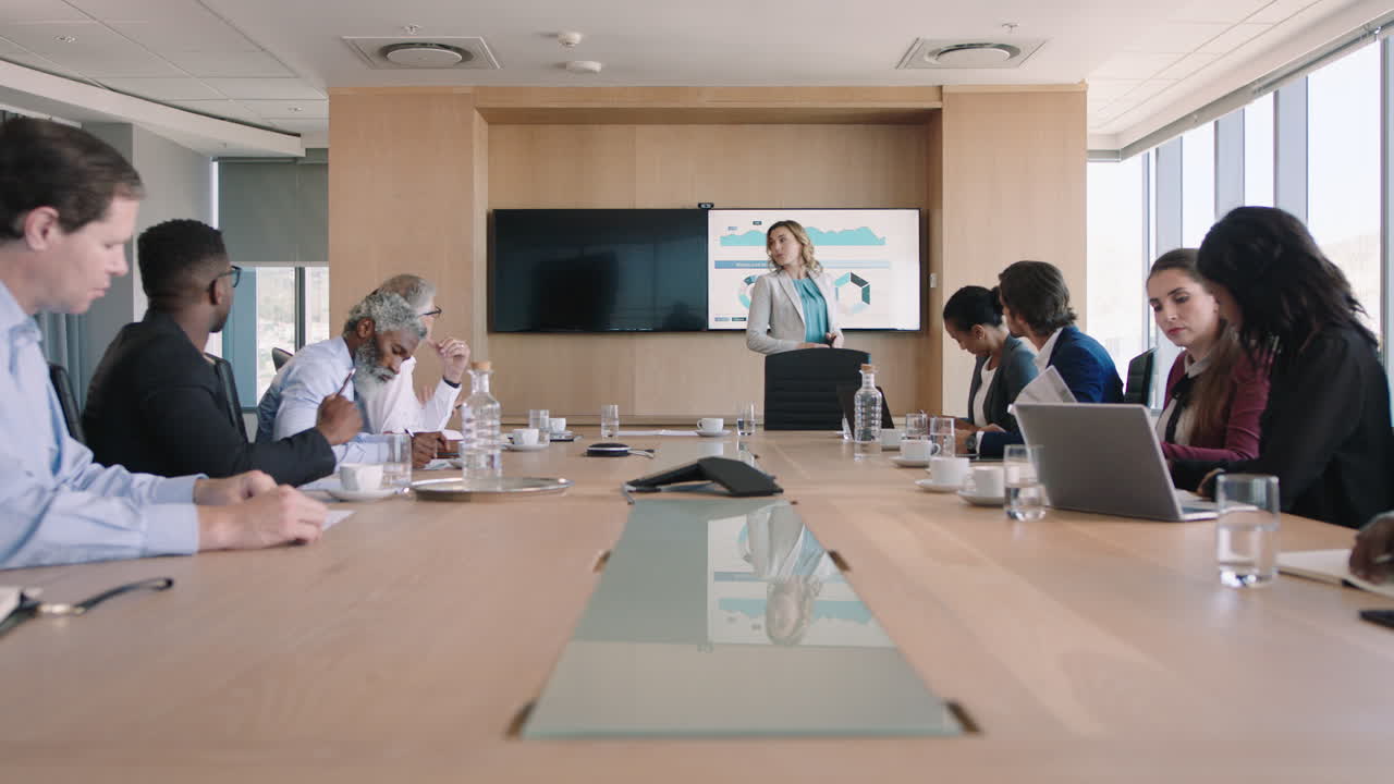 tv 스크린에서 재무 데이터를 제시하는 사업가 팀 리더 주주들과 프로젝트를 공유하고 동료들에게 브리핑하고 사무실 회의실에서 아이디어를 논의합니다