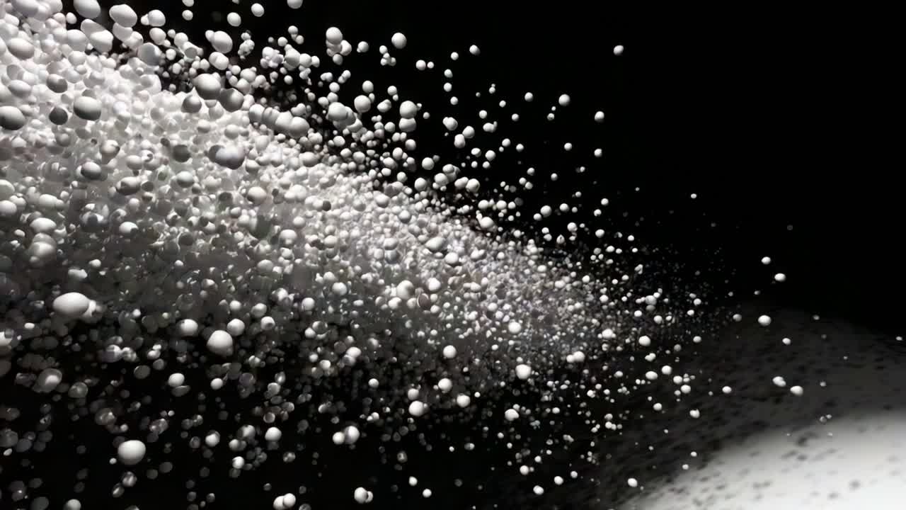 Dynamic Abstract Visual of Floating Spheres and Textures in a Dark Environment, Capturing the Movement and Formation of Particles in an Artistic Representation