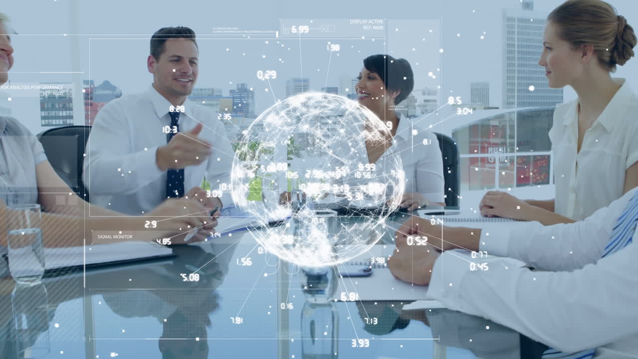 사무실에서 서로 손을 흔드는 다양한 사업가들에 대한 회전하는 지구의 애니메이션