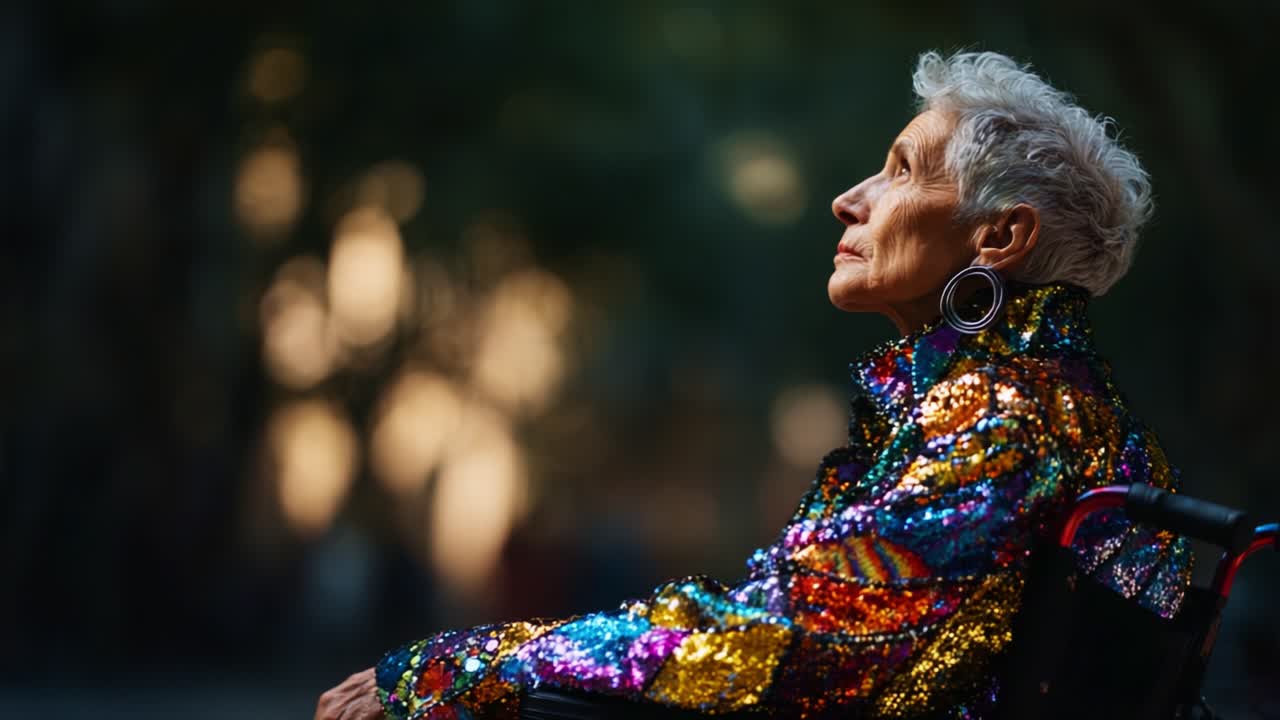 A Reflective Moment: An Elegant Elderly Woman in a Colorful Shimmering Outfit, Gazing Thoughtfully into the Distance, Embracing Life and Beauty in Her Golden Years