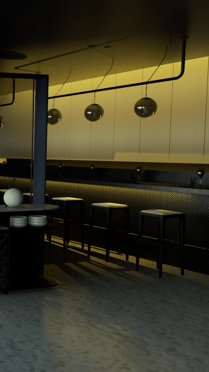 Modern bar interior with lighting and stools in a dimly lit setting
