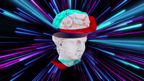 animation of antique sculpture head over light trails