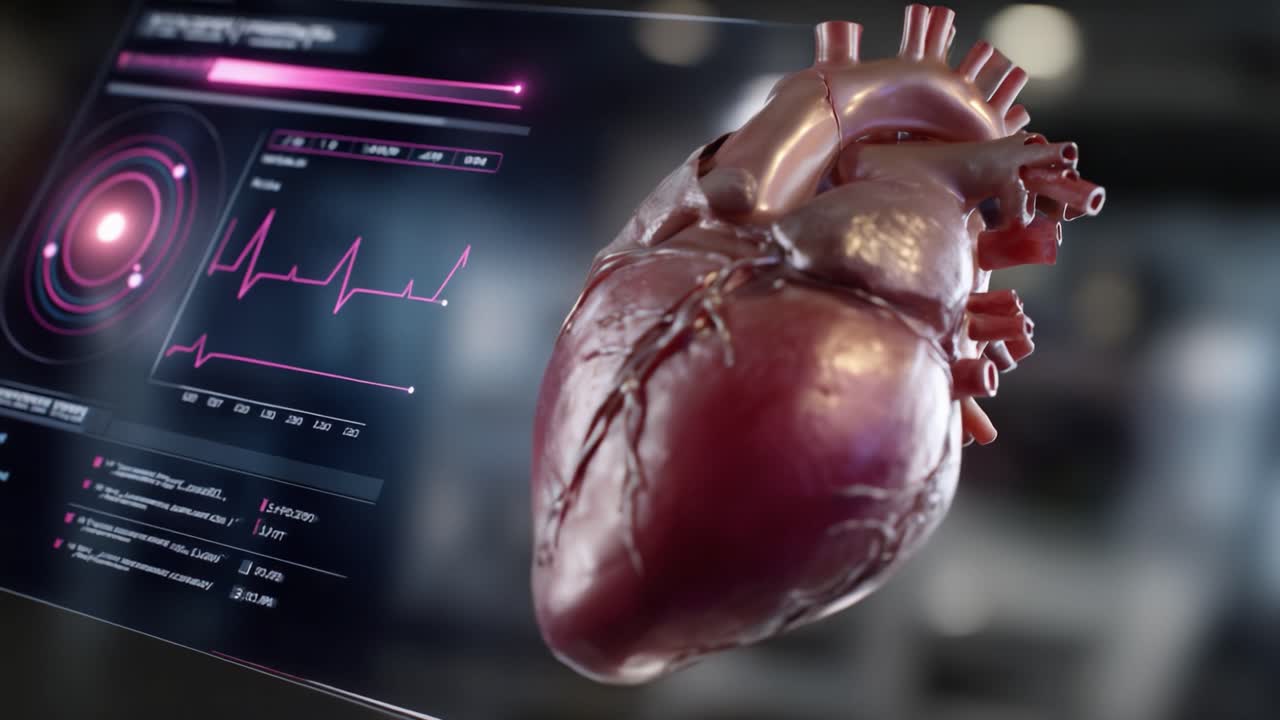 3D Heart Model with Data Visualization Displaying Vital Signs and Biometrics Representing Health Monitoring in a Modern Medical Environment