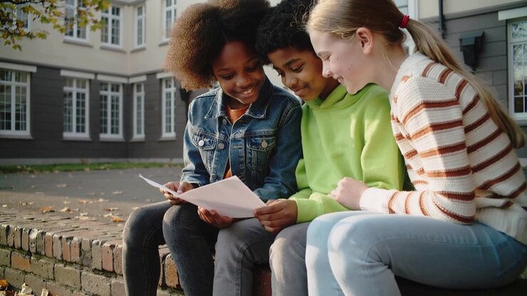 Zooming camera, three teens leaning on brick ledge campus, reviewing paper, in denim, green hoodie