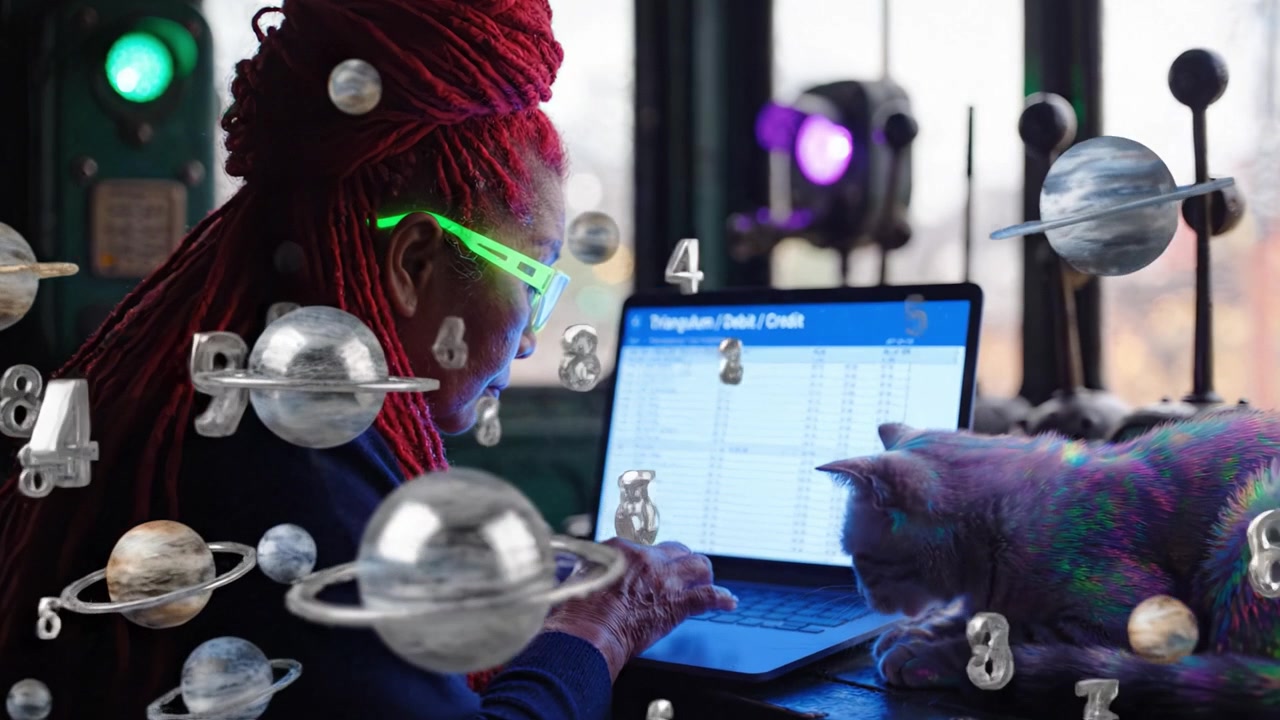 An Artistic Scene Featuring a Person with Red Hair and Glasses Working on a Laptop Surrounded by a Colorful Cat in a Unique Environment