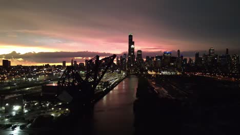 dramatic sunset - chicago south loop - drone