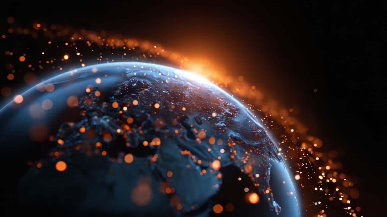 Terra illuminata circondata da un'aura luminosa di particelle cosmiche e luce, che cattura la bellezza e la meraviglia degli elementi planetari su uno sfondo scuro