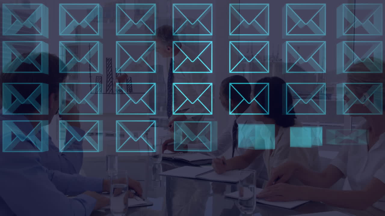 animación de iconos de sobres en 3d, gerente diverso discutiendo informes con compañeros de trabajo en la pizarra