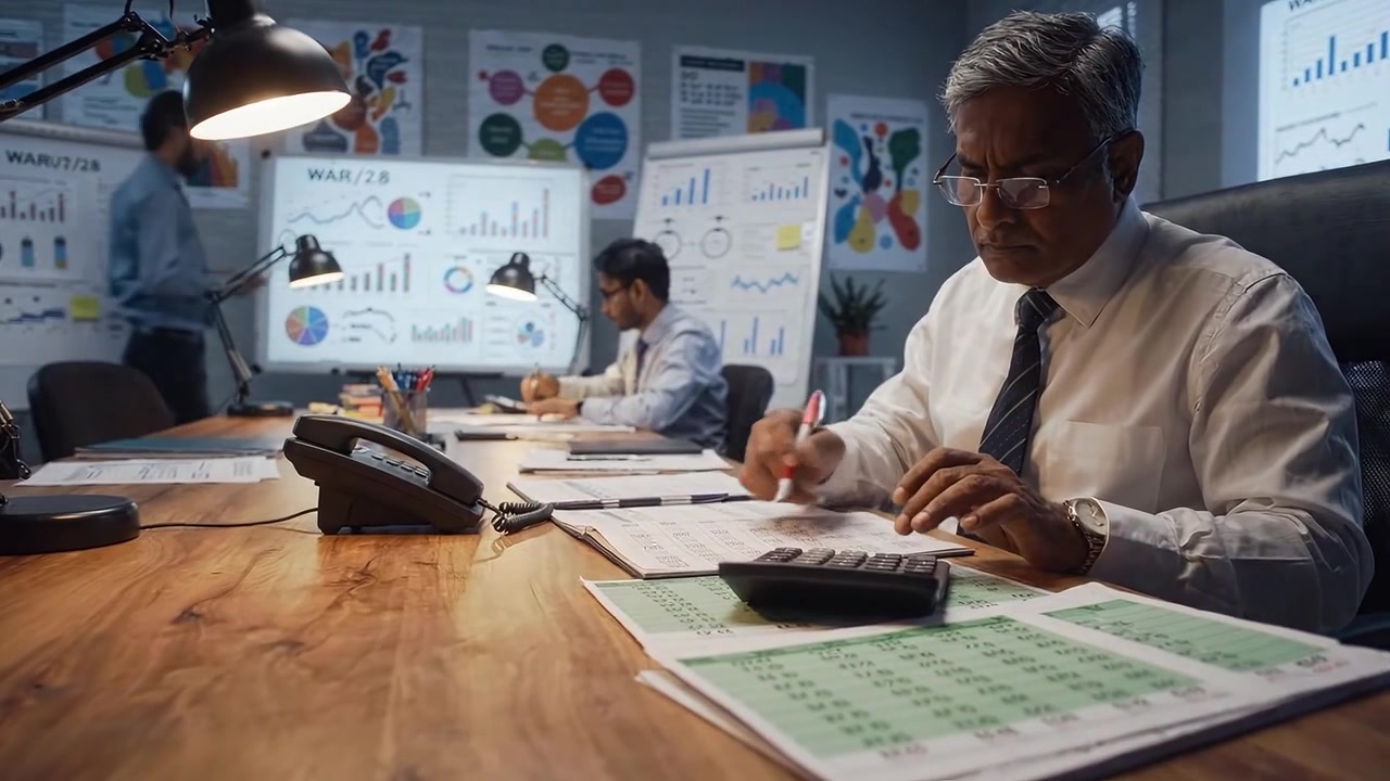 Focused business professionals analyze data and charts in an office setting, surrounded by visual presentations and financial reports, highlighting strategic decision-making.