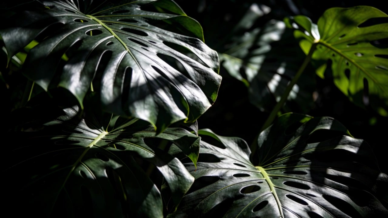Foglie di Monstera che ondeggiano in serra mentre una nuvola di passaggio sposta la luce, mostrando i fori lucidi.