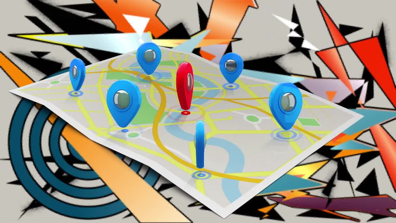다양한 기하학적 모양 위에 위치 표시를 가진 지도의 애니메이션