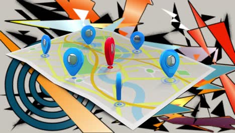 animación del mapa con marcas de posición sobre diversas formas geométricas