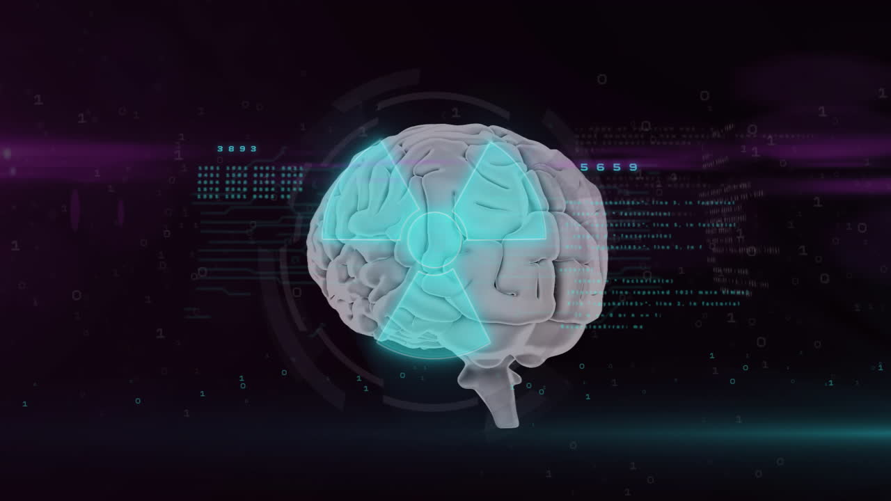 Brain with radiation symbol and digital data processing animation