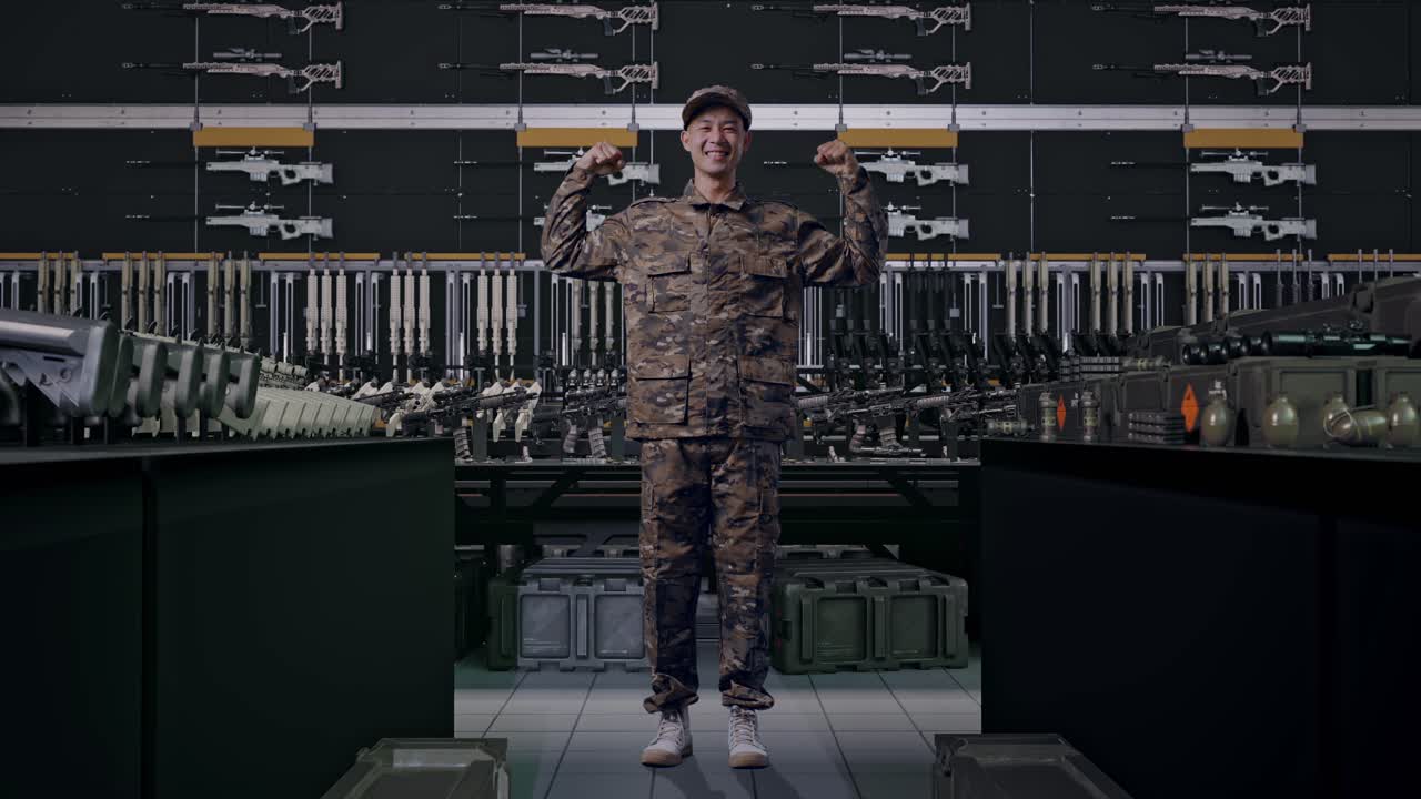 uomo asiatico soldato a figura intera che sorride e mostra i bicipiti in un arsenale militare