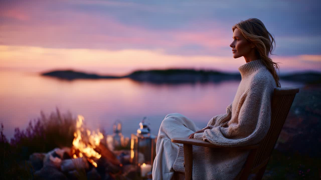 A Tranquil Evening by the Campfire: A serene woman in a cozy sweater enjoys the fading light as she reflects by the fire, surrounded by the beauty of nature and a peaceful lake