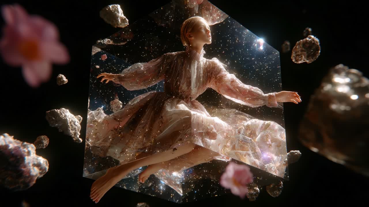 Ethereal Woman Floating in a Cosmic Cube Surrounded by Flowers