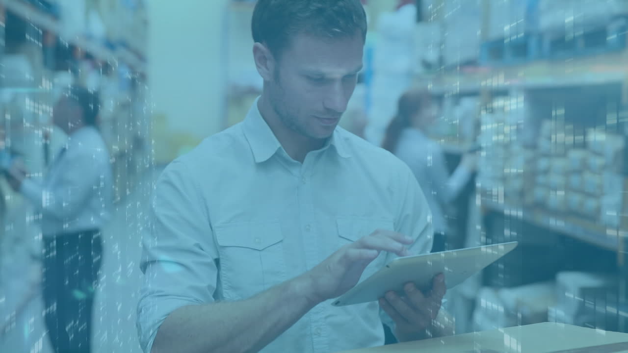 animación de gráficos sobre un trabajador de almacén caucásico