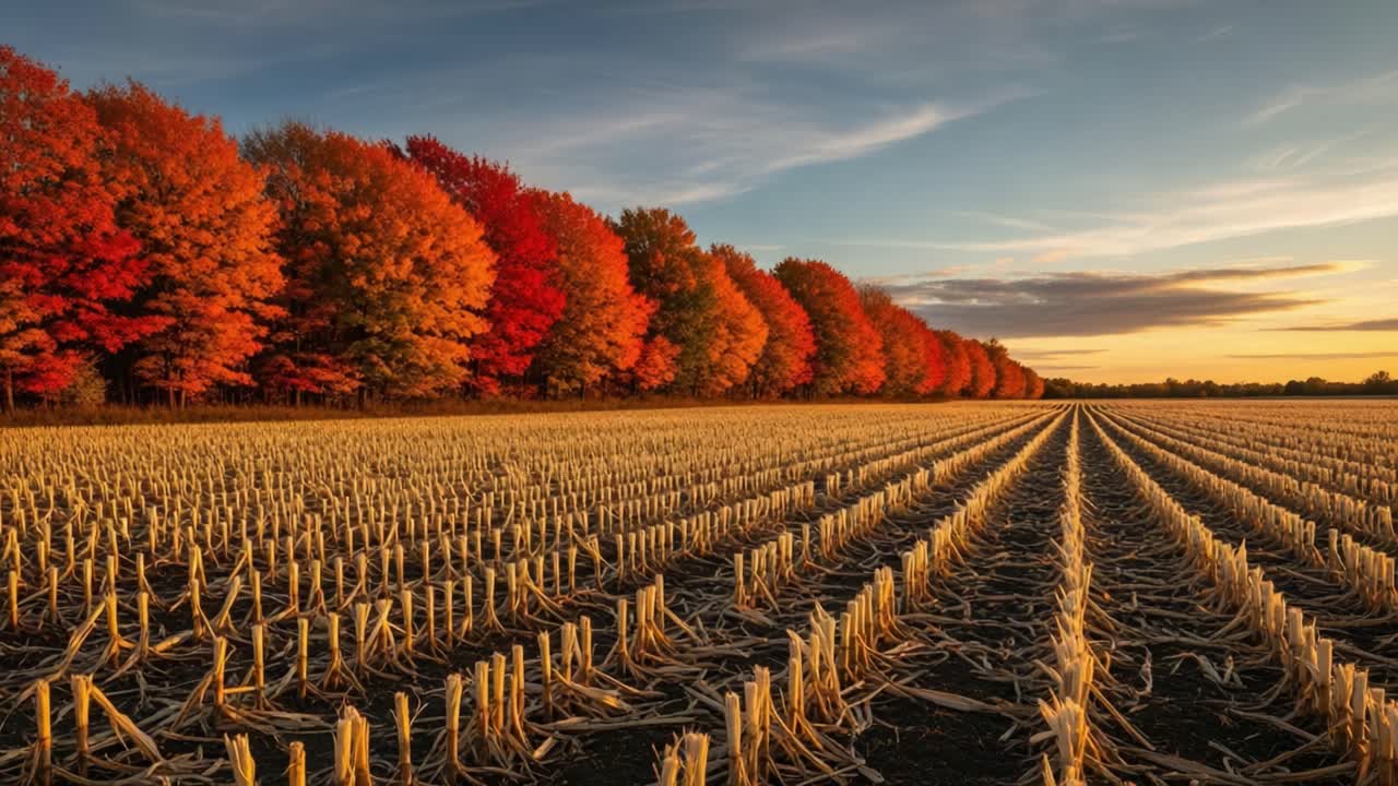 A breathtaking autumn landscape featuring vibrant fall foliage alongside freshly harvested fields, showcasing the beauty of nature's seasonal transition during golden hour