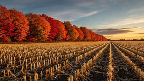 A breathtaking autumn landscape featuring vibrant fall foliage alongside freshly harvested fields, showcasing the beauty of nature&#039;s seasonal transition during golden hour
