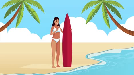 summer beach seascape scene with woman surfer