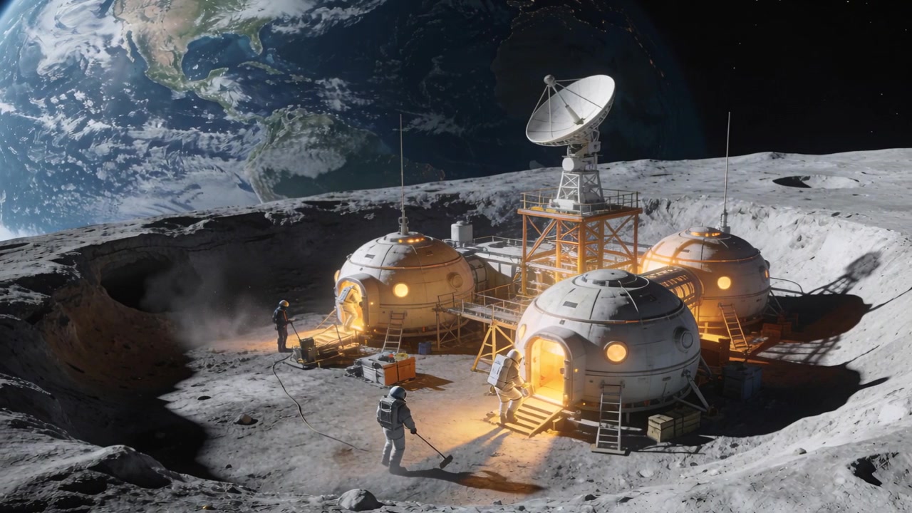 Auf Lukenleuchten reagierende, bemannte Crew bewegt sich in der Nähe von Kuppelhabitaten und Antenne auf dem Mond, Werkzeuge tragend