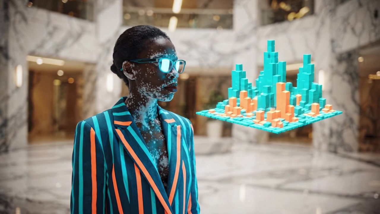 En stilfuld person står i en elegant lobby udsmykket med marmordetaljer, iført levende striber og reflekterende solbriller, og interagerer med digitale visualiseringer