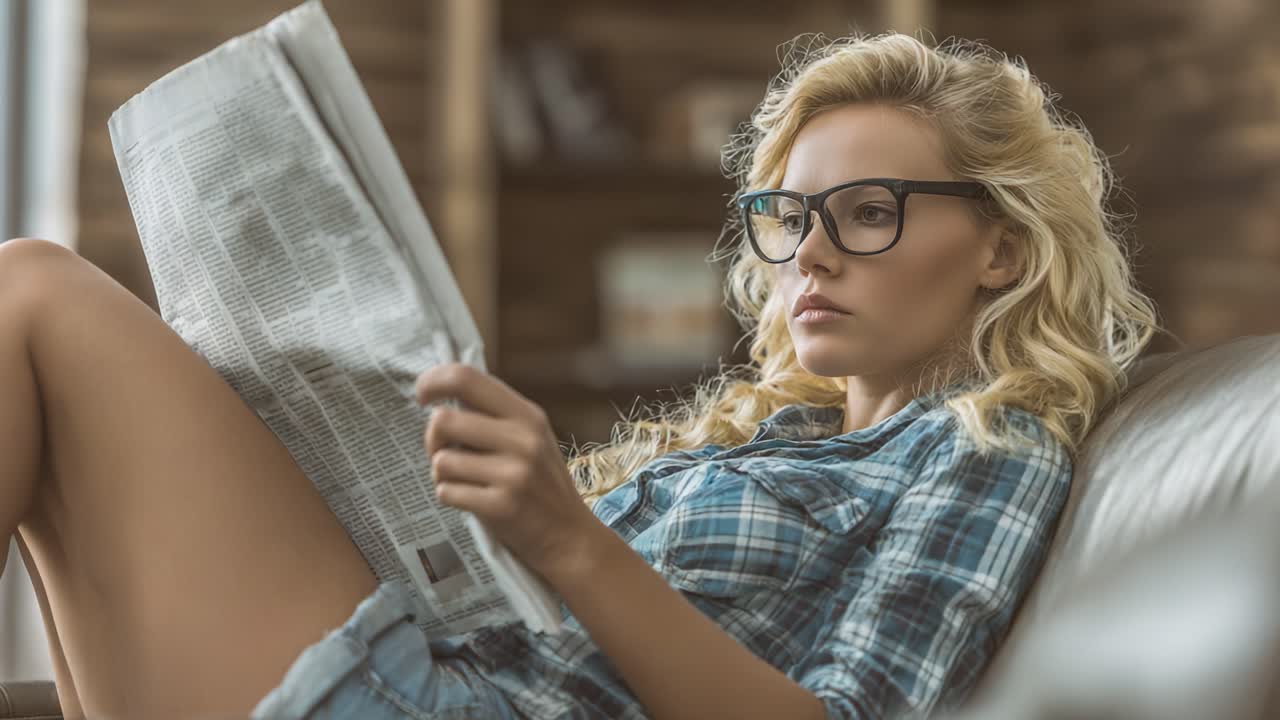 A Young Woman in Glasses Relaxing at Home While Reading a Newspaper on a Comfortable Sofa, Captured in a Cozy Indoor Setting with Natural Light