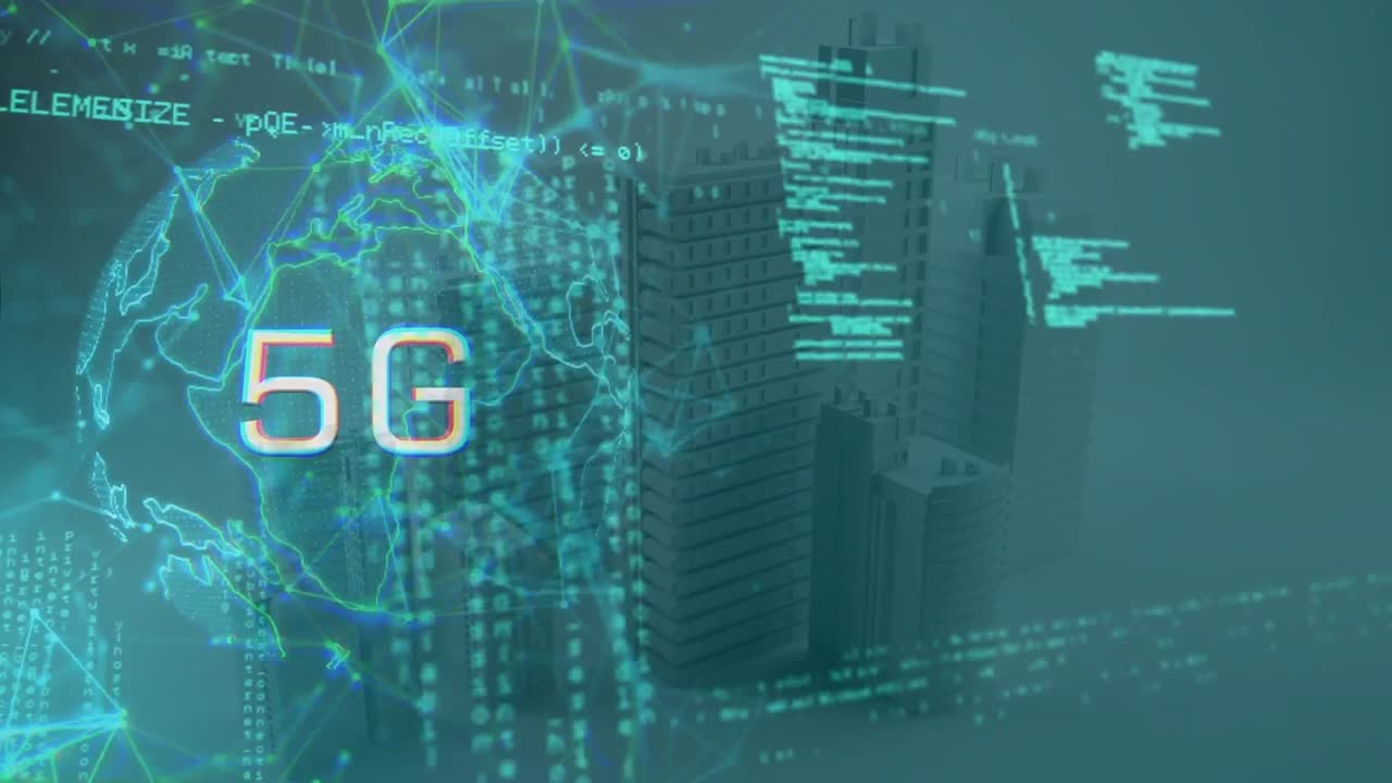 animazione dell'elaborazione dei dati e della rete di connessioni sul paesaggio urbano