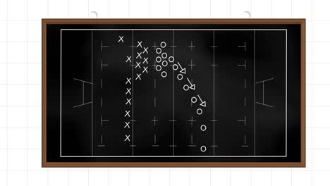 Animation-Der-Fußballspielstrategie-Auf-Schwarzer-Tafel-Vor-Kariertem,-Liniertem-Papierhintergrund