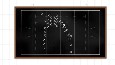 animación de la estrategia de un juego de fútbol en una pizarra negra contra un fondo de papel alineado en cuadrados.