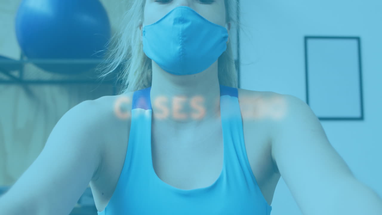 얼굴 마스크를 쓰고 운동하는 백인 여성 위에  ⁇ 박이는 여러 단어의 애니메이션