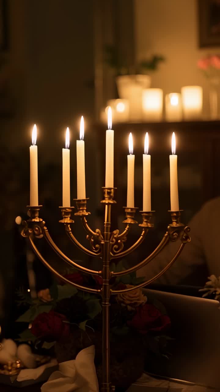 Vertical video: Widening shot revealing flickering brass candelabrum on dining table, person gazing