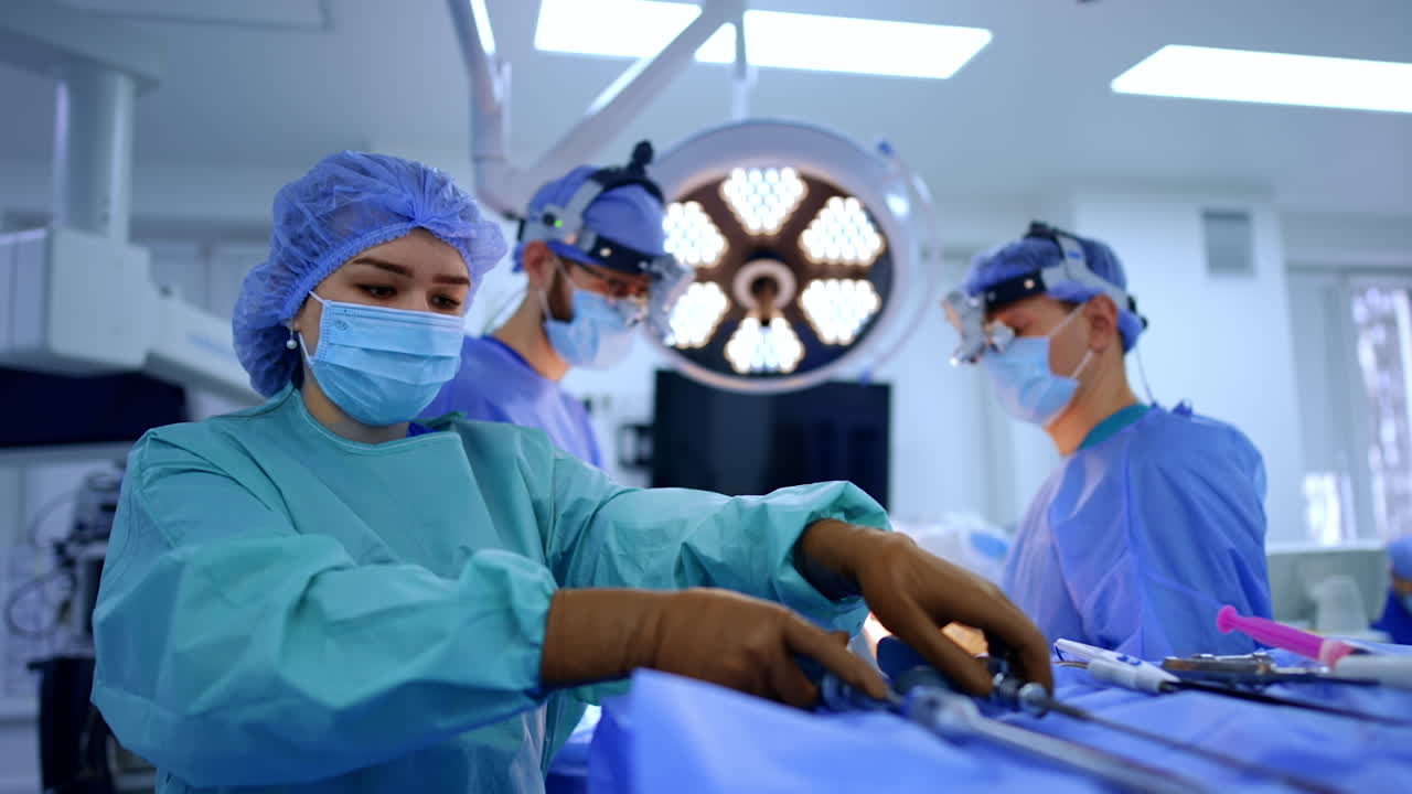 Team of neurosurgeons performing brain operation. Group of doctors in surgical masks and gowns perform neurosurgery. The medical team coordinates work with sterile instruments and technology