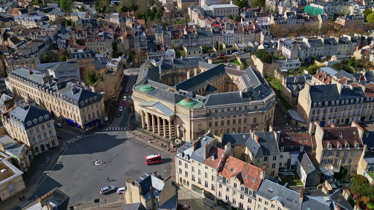 Palais Fontette, ancient courthouse in Caen, Normandy, neoclassical architecture, city context, France. Aerial drone top-down forward