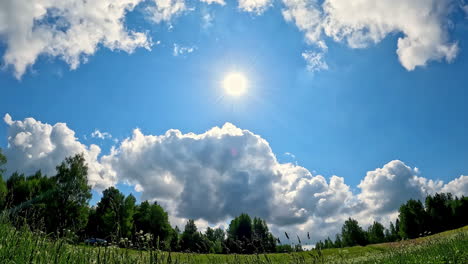 blue sky partially cloudy timelapse over green forest with trees