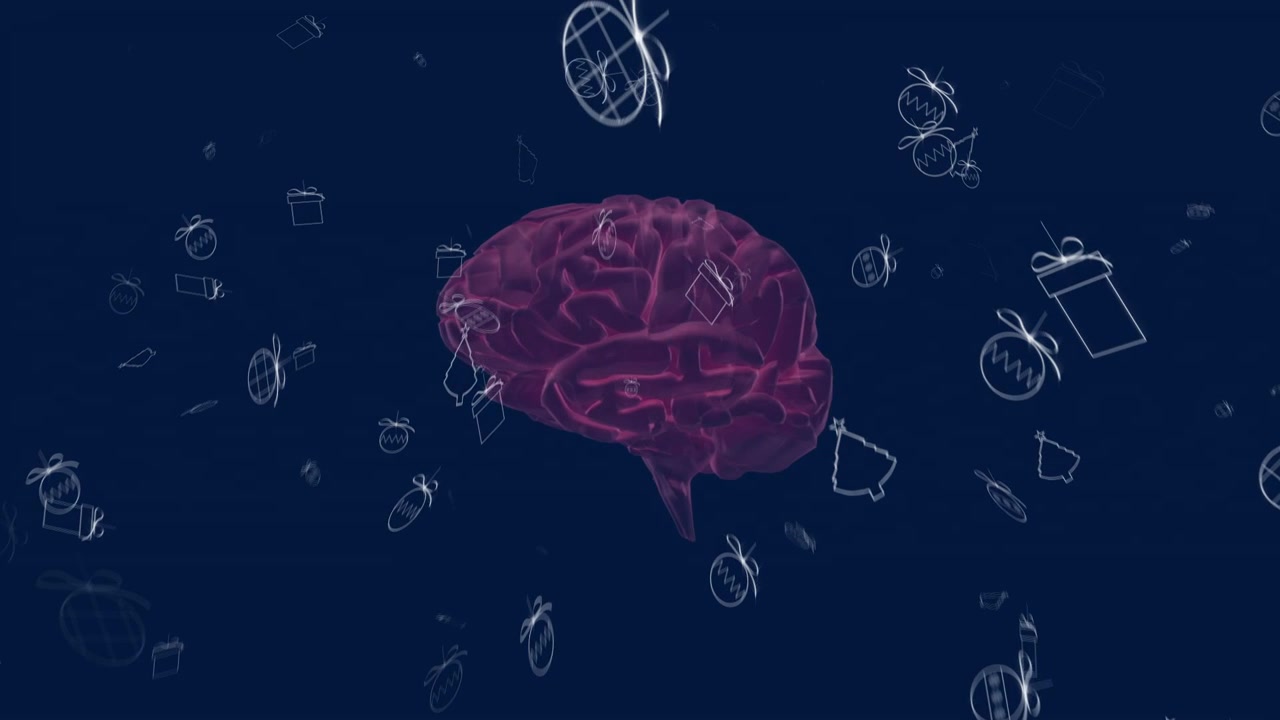 Magenta brain rotating, white icons orbiting, camera pushing in, piercing surface revealing network